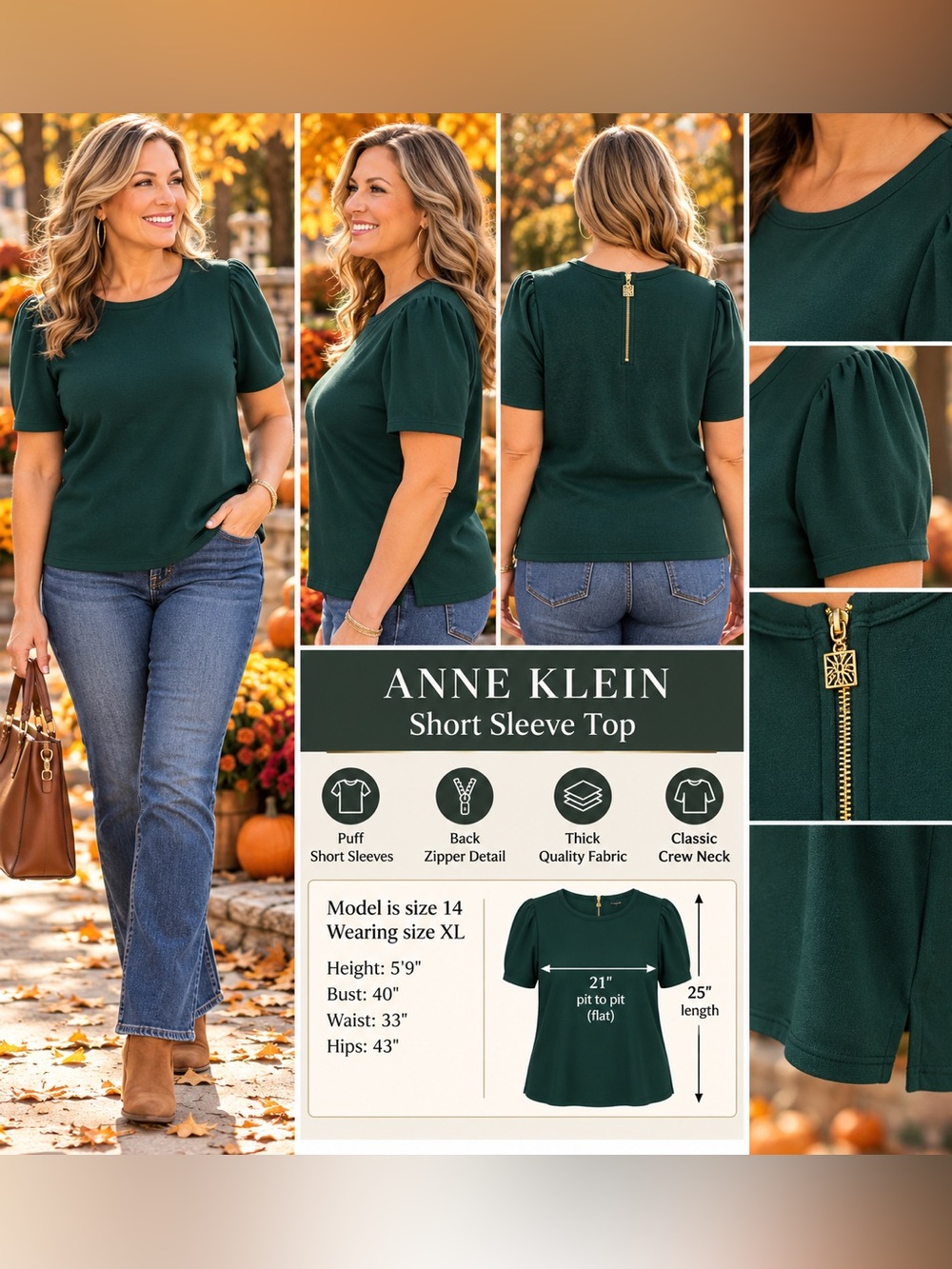 Anne Klein Dark Green Puff Sleeve Short Sleeve Top